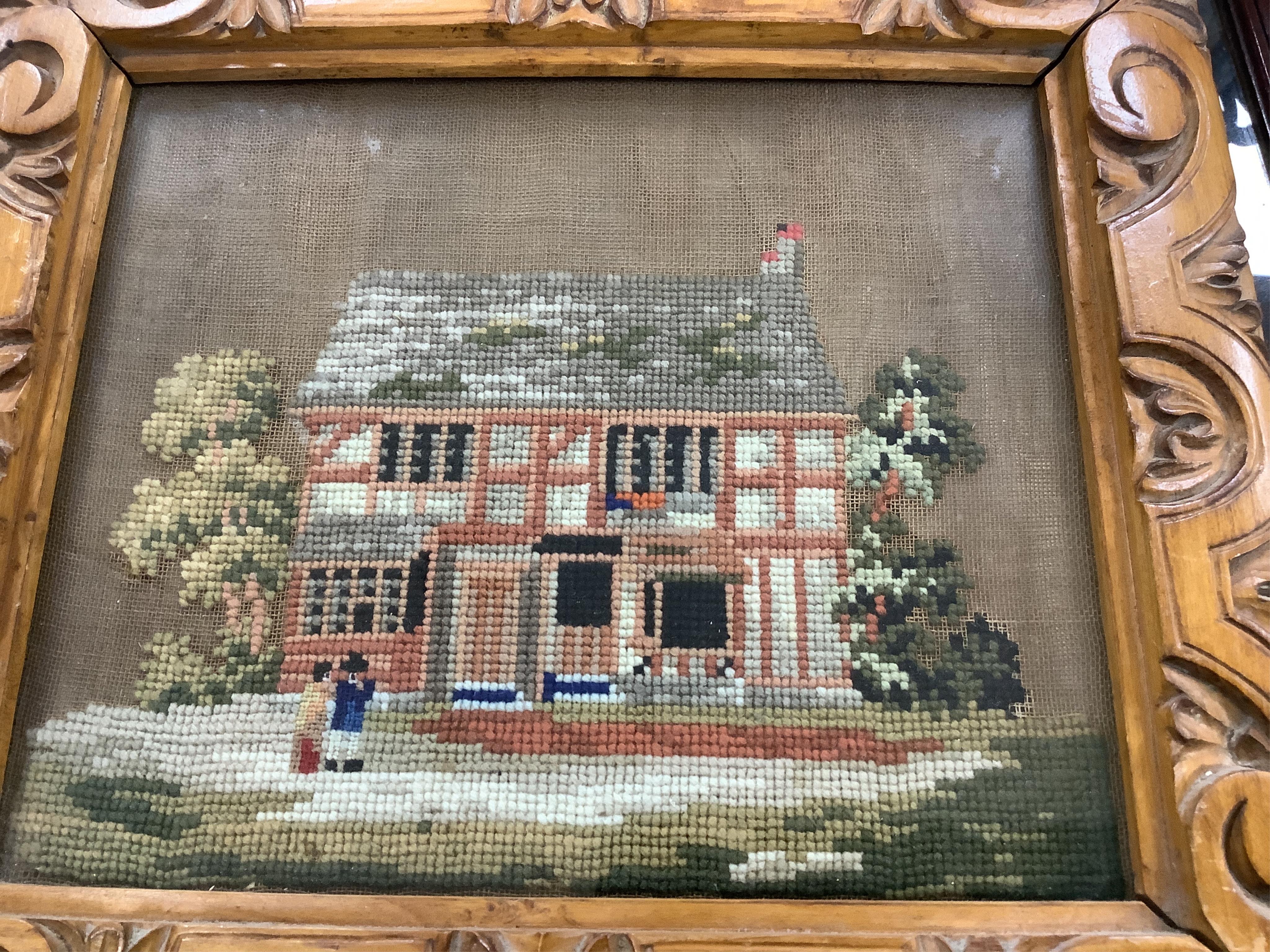 A 19th century heavily embroidered wool work of a figure and dog in a wooded landscape - 38cm x 33cm, together with smaller wool work of figures by a house. Condition - both are still strong in colour without damage.